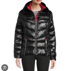 Karl Lagerfeld Paris short fur trimmed puffer shiny black w red - Med - EUC